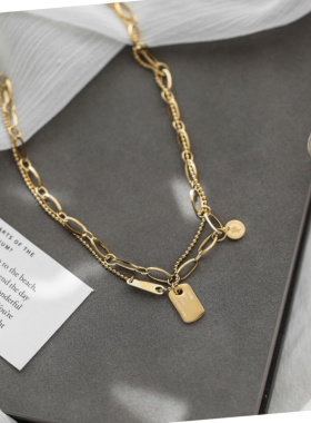 复古轻奢钛钢双层方牌人像锁骨链