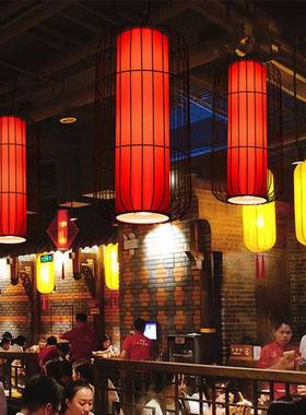 中式火锅店带射灯饭店酒茶楼卡座过道红色中国风铁艺灯笼鸟笼吊灯