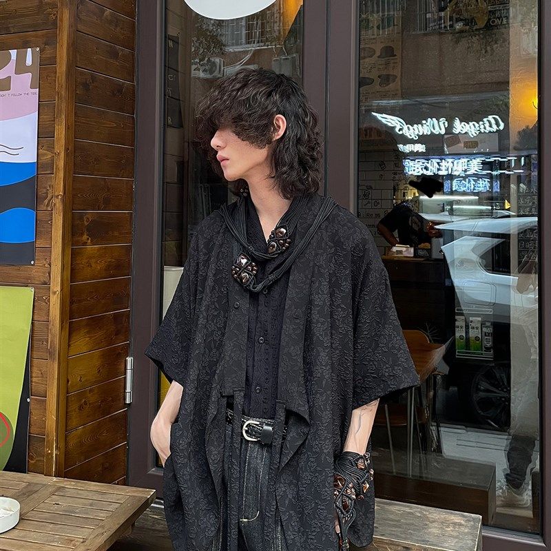 以休眠 复古夏季飘带花卉刺绣山本耀司风新中式道袍短袖衬衫外套