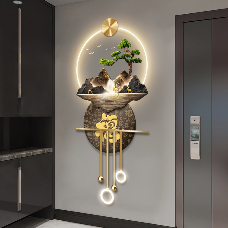 九鱼图新中式玄关装饰画山水入户正对门挂画立体发光走廊过道挂画图片