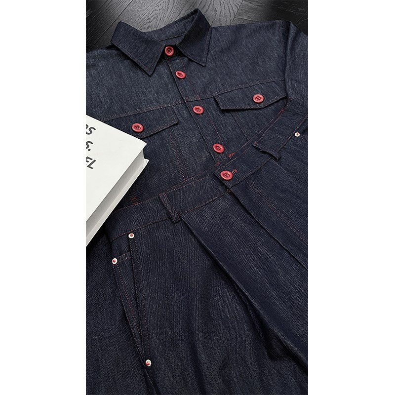 龙叨叨夏季新款小众撞色设计款牛仔色裤腿可拆卸短袖牛仔衬衫套装