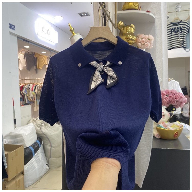 韩系Polo翻领丝巾短袖冰丝针织衫女夏新款宽松显瘦百搭休闲薄上衣