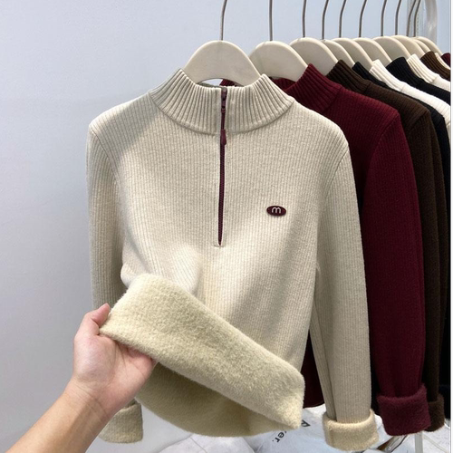 现货半高领拉链加绒毛衣针织衫女