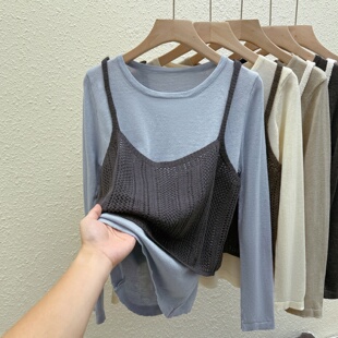 日韩系复古软糯混针织衫女秋百搭叠穿吊带背心打底两件套上衣