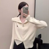 设计感双拉链翻领针织开衫 女秋米白显瘦慵懒风小众毛衣外套上衣
