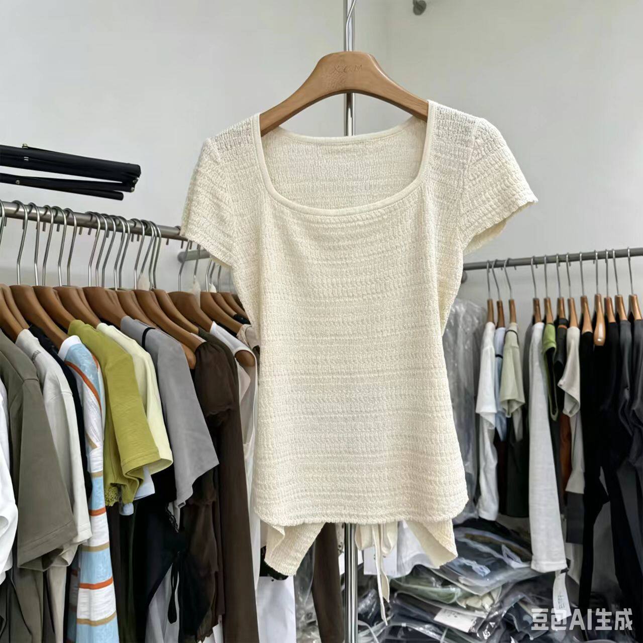 清新糖果色肌理短袖小衫女大U领低领后背抽绳系带修身短款上衣