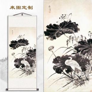 客厅学校教室竖版一鹭连科水墨荷花卷轴挂画书房壁画卷轴装饰画