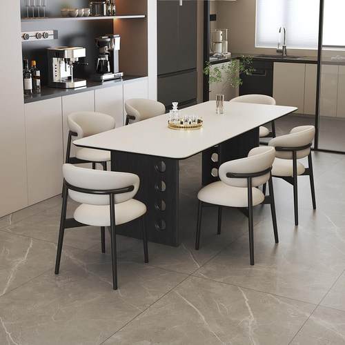 实木小户型意式极简纯白岩板长方形餐桌椅组合家用现代简约饭桌子