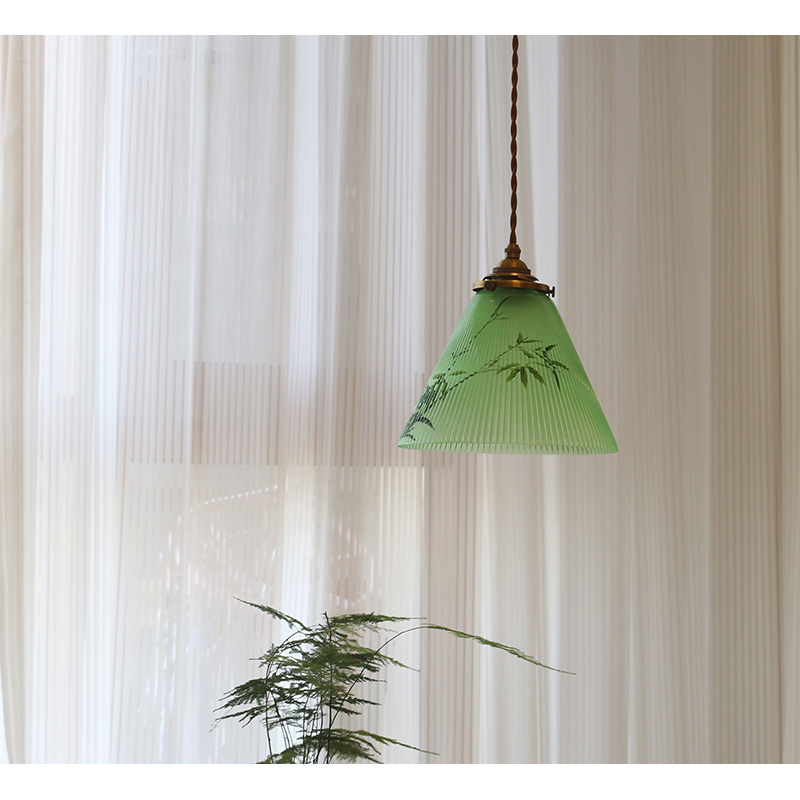 复古绿色百褶玻璃吊灯古铜古银色灯具茶室 餐厅卧室阳台 文艺灯具