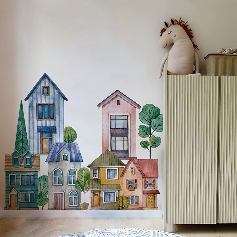 丹麦儿童房绘本风墙贴田园房子插画爱装饰幼儿园布纹贴纸