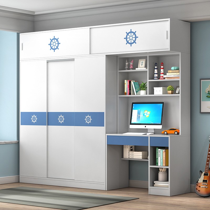 实木衣柜书桌柜一体女孩女童移门多功能小户型家用卧室衣橱子