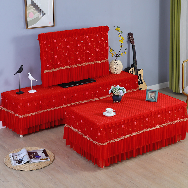 结婚红色蕾丝全包茶几罩机取55寸电视2寸电视柜罩客厅餐桌布