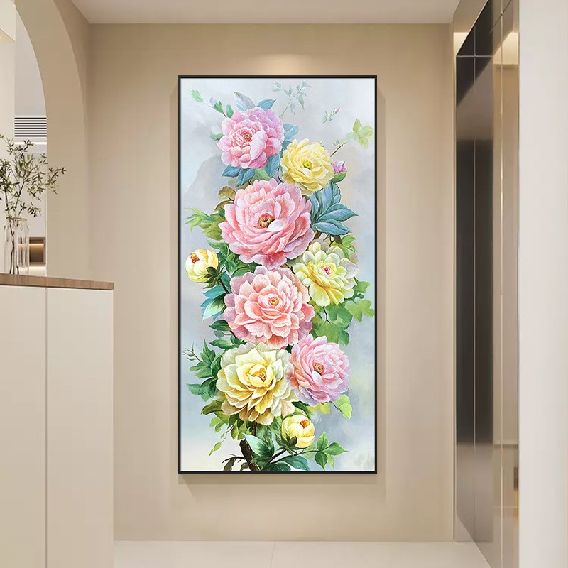 牡丹花手绘油画入户玄关装饰画轻奢高级感花开富贵挂画正对门壁画图片
