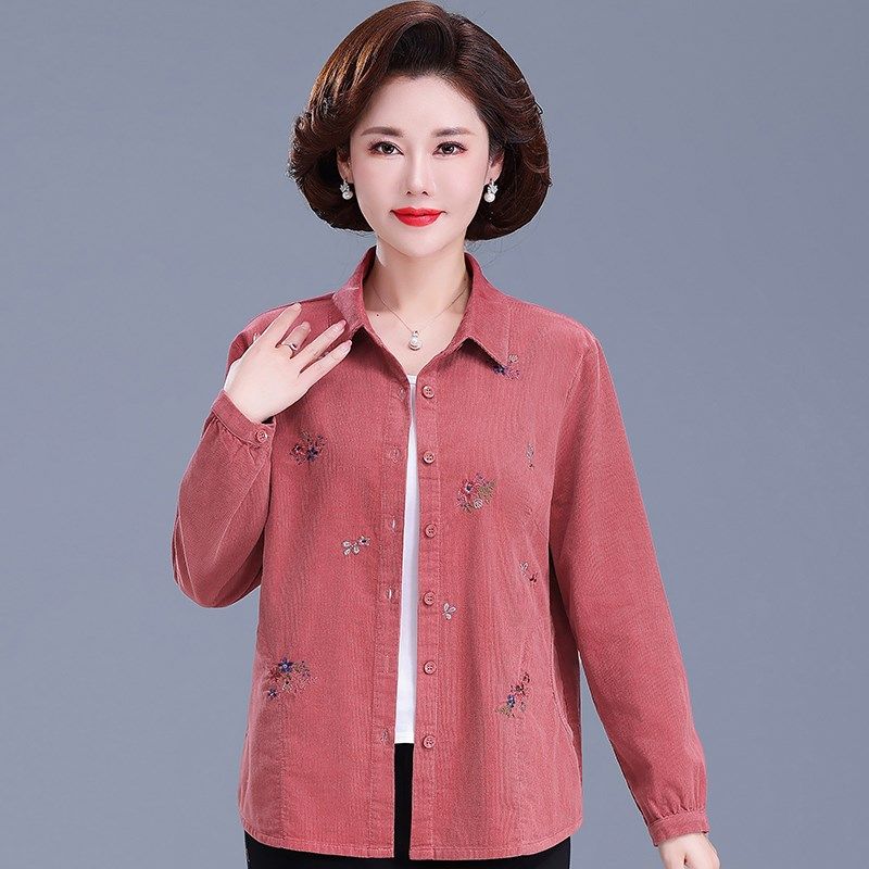 中老年女装灯芯绒春秋长袖衬衫洋气妈妈宽松加大码绣花上衣薄外套,女装/女士精品,中老年女装,淘宝优惠券,粉丝福利购,淘宝优惠卷