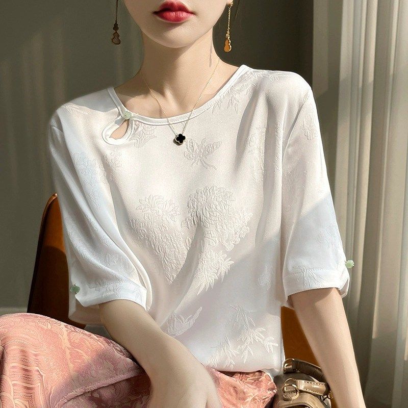 复古国风短袖T恤衫女圆领套头宽松衬衫缎面提花新中式上衣小衫夏,女装/女士精品,真丝上装,淘宝优惠券,粉丝福利购,淘宝优惠卷