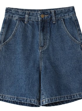 CV大码女装 潮酷复古高腰明线水洗直筒深蓝色牛仔裤短裤夏季新款