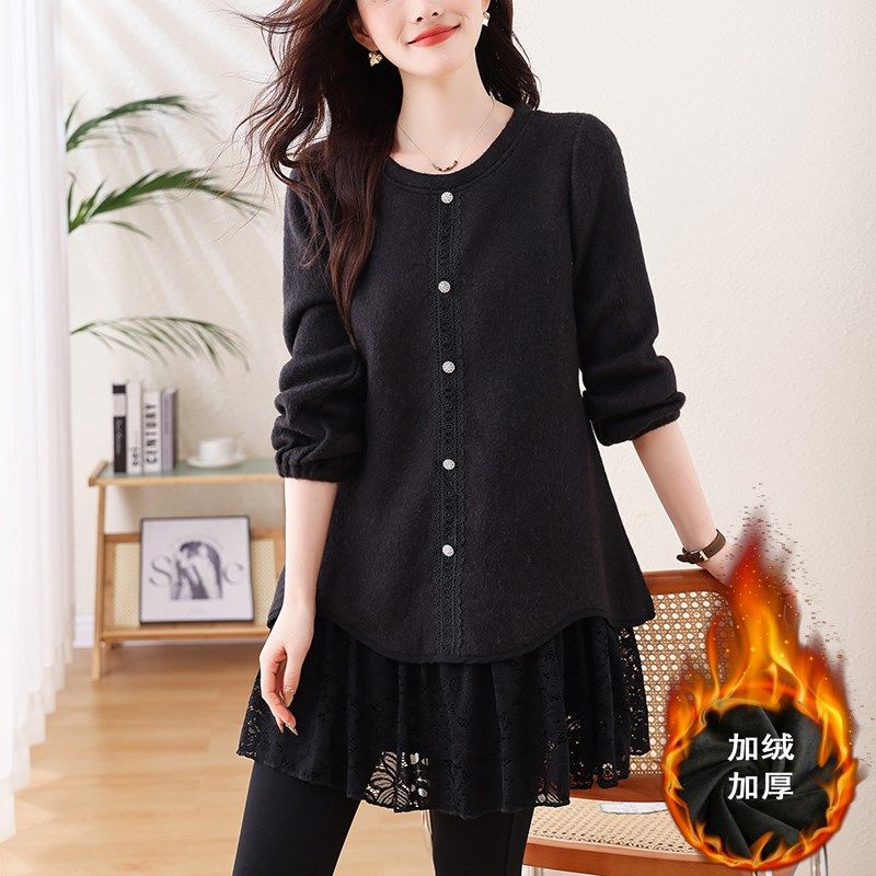 宽松加绒加厚毛衣女2024大码冬季保暖新款高级感显瘦蕾丝拼接上衣,女装/女士精品,大码内搭,淘宝优惠券,粉丝福利购,淘宝优惠卷