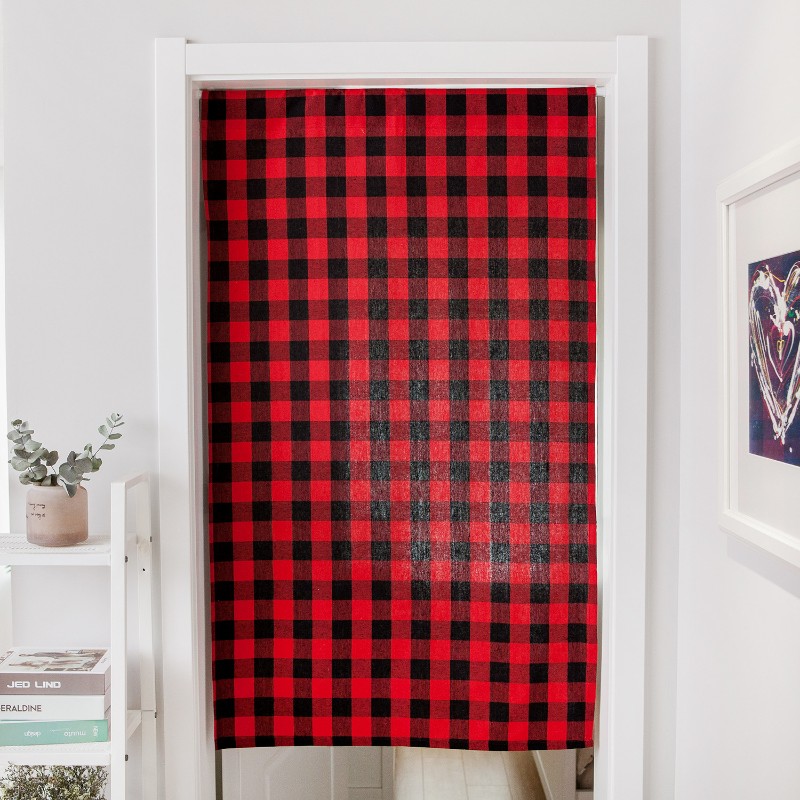 厨房门帘红黑格子节日防油烟半帘卧室装饰卫生间隔断帘日式不含杆