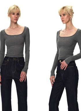 EMPTY PAGE黑/灰色U领金属装饰弹力修身打底衫百搭显瘦内搭T恤