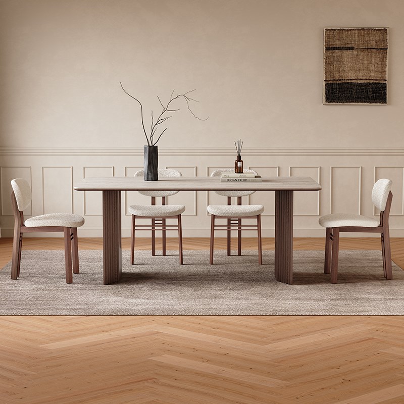 实木餐桌长方形现代胡桃木色家用中古侘寂风岩板餐桌小户型