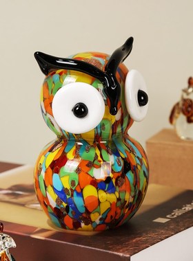 彩色猫头鹰动物琉璃艺术可爱摆件设计师款客厅酒柜样板房桌面装饰
