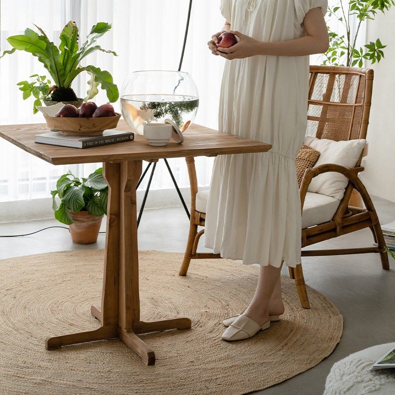 润家家居复古侘寂风全实木方形咖啡桌老松木餐厅洽谈桌小户型餐桌