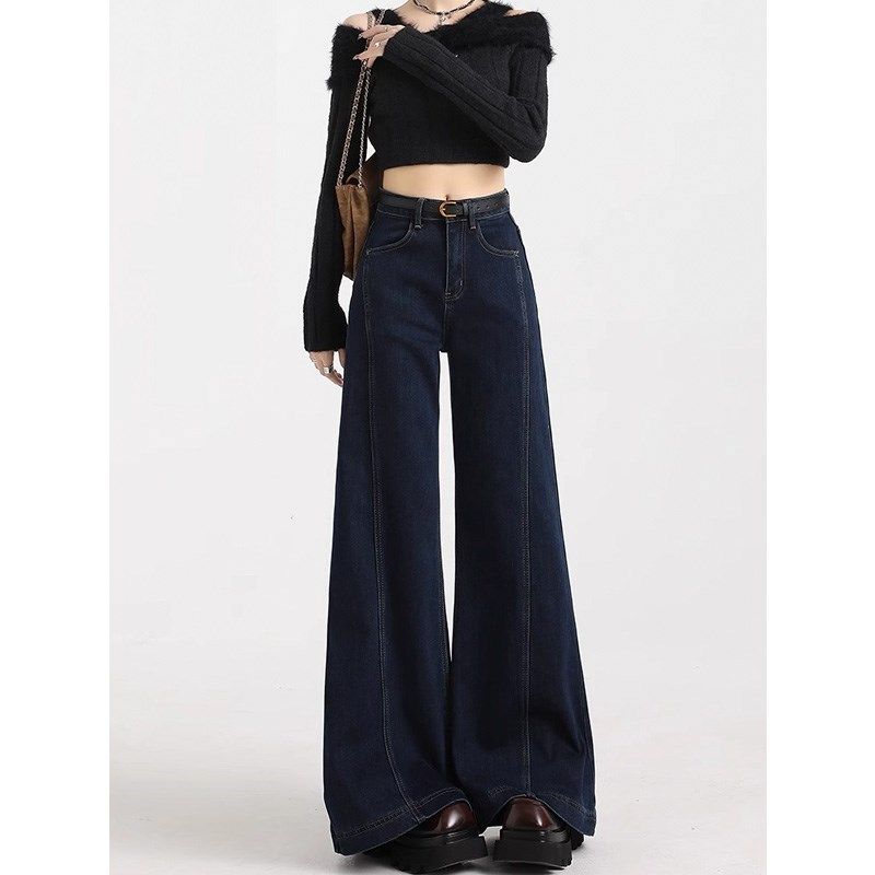 深蓝色加绒微喇牛仔裤女春季2025年新款高腰显瘦不贴腿阔腿喇叭裤