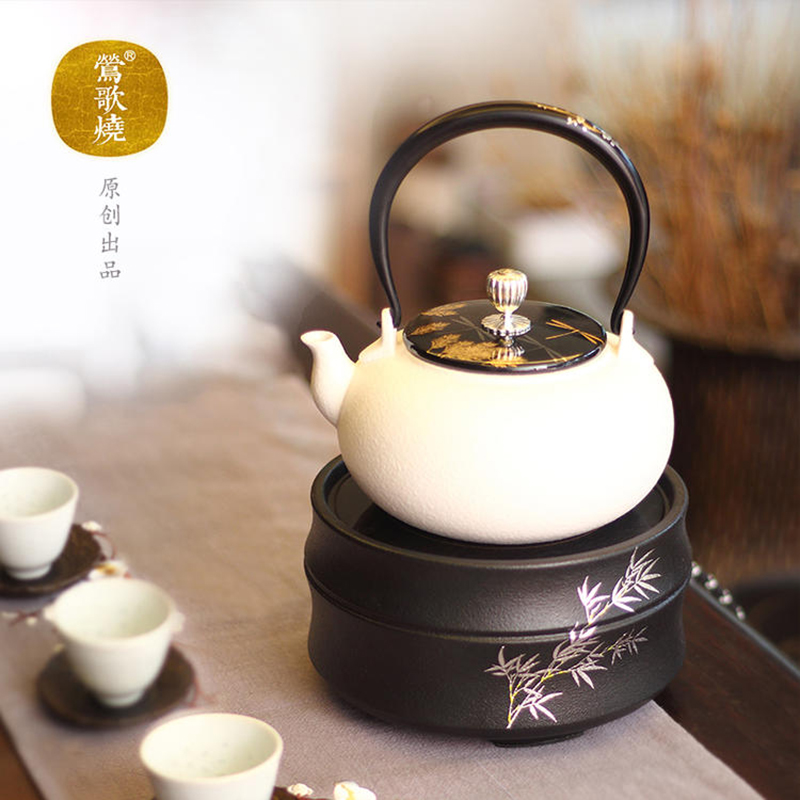 莺歌烧电陶炉茶炉 黑底银竹竹节炉家用静音煮茶器银壶烧水炉