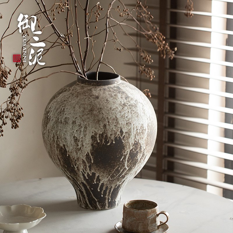 禅意摆件粗陶陶罐手工插花民宿酒店复古怀旧陶瓷花瓶花器侘寂风