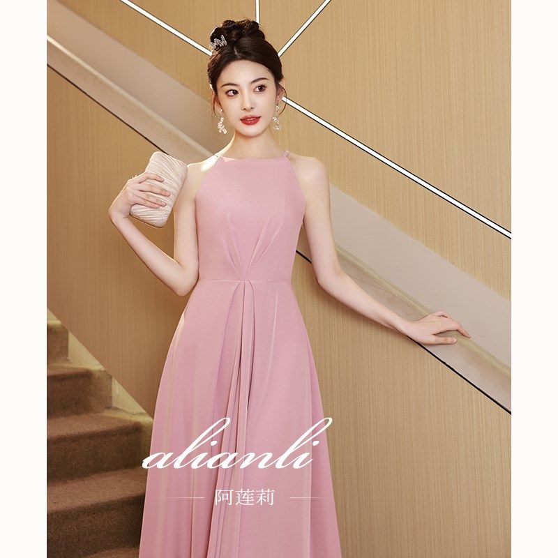 晚礼服裙女轻奢小众高端缎面高级感伴娘服小个子主持人端庄大气