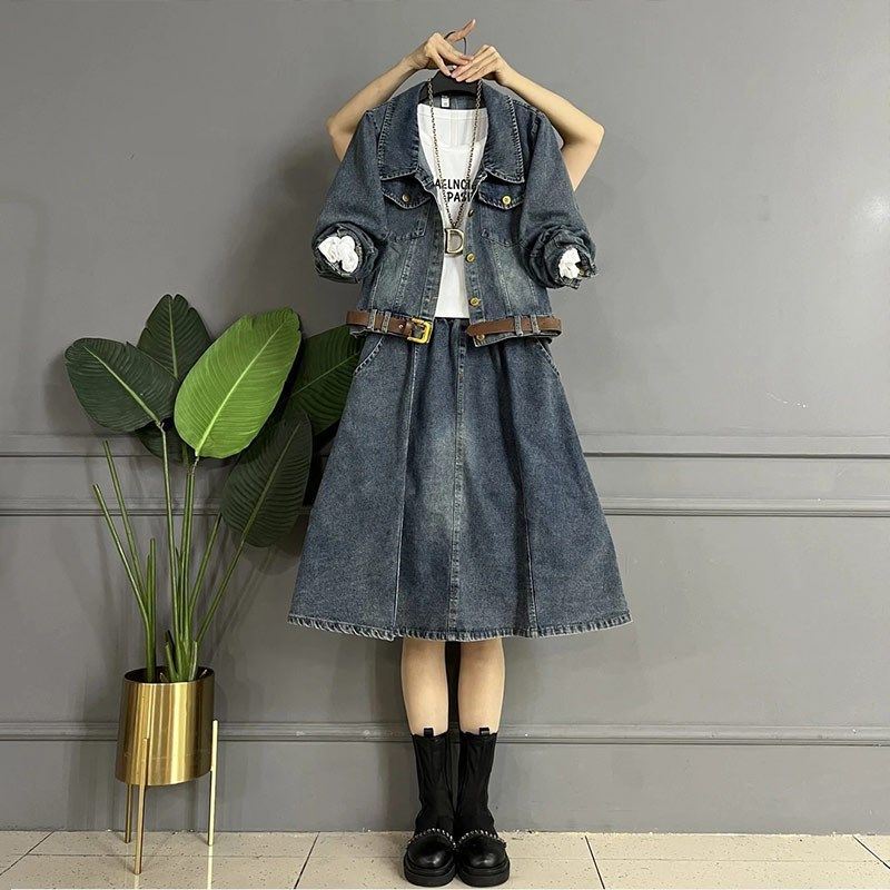 加大码女装 翻领长袖外套宽松A字半身裙胖妹妹休闲显瘦牛仔两件套,女装/女士精品,大码套装,淘宝优惠券,粉丝福利购,淘宝优惠卷