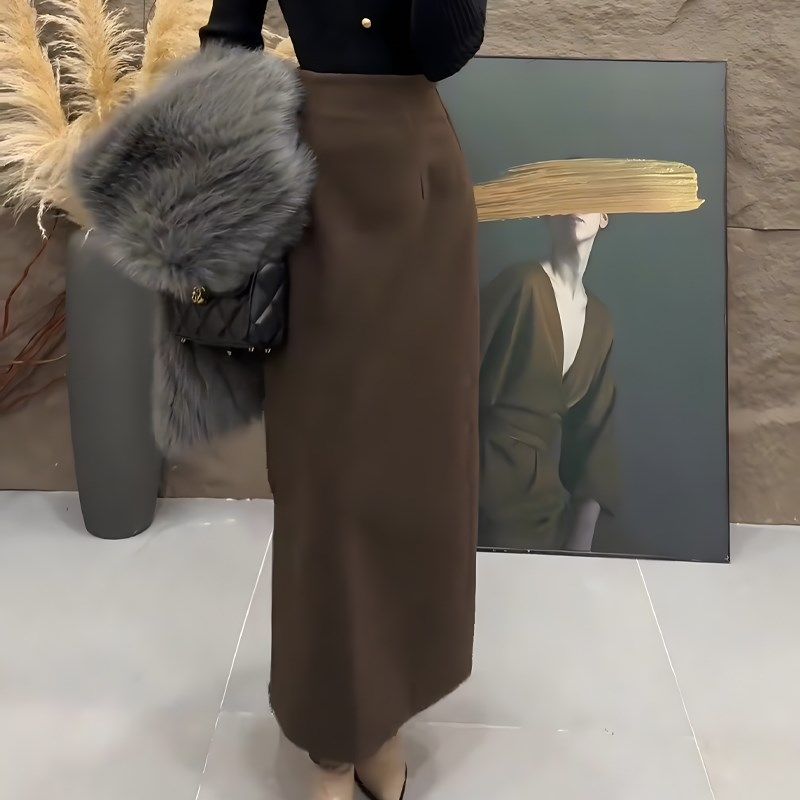 咖色大码长款宽松半身裙女2024年秋冬新款时髦洋气简约百搭直筒裙