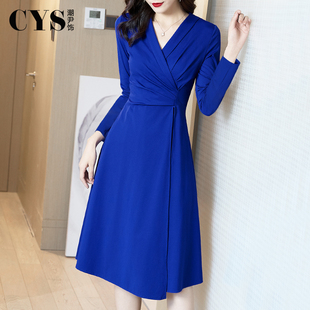 2024早春新款宝蓝色连衣裙高级感显瘦气质v领克莱因蓝裙子女春秋