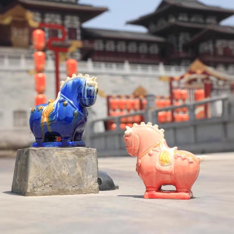 洛阳唐三彩小胖马摆件手工陶瓷工艺品洛阳旅游纪念品伴手礼粉色马