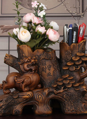 艺尚品 旺财守业双笔筒招财貔貅摆件 办公室桌面摆设实用工艺装饰
