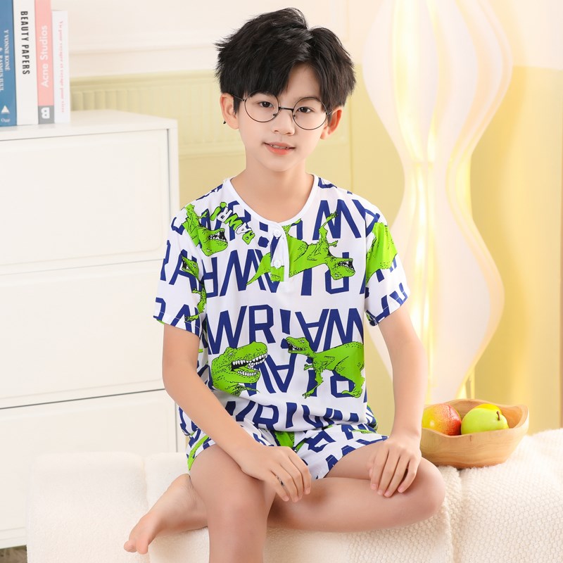 夏季儿童绵绸睡衣套装男童女童中童大童棉绸短袖短裤家居服空调服
