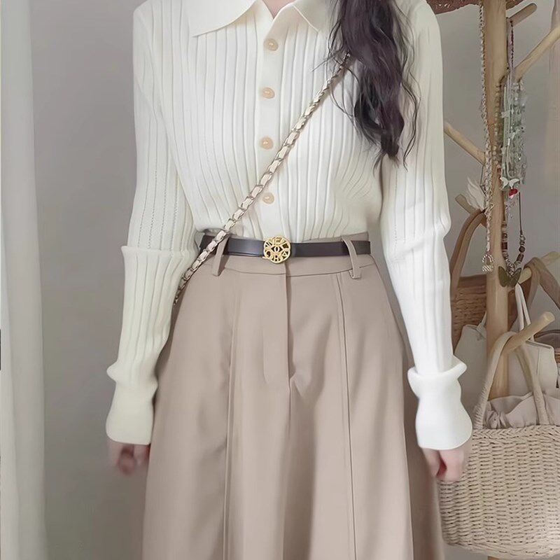 白色polo领针织开衫女早秋装收腰修身显瘦短款毛衣内搭打底衫上衣