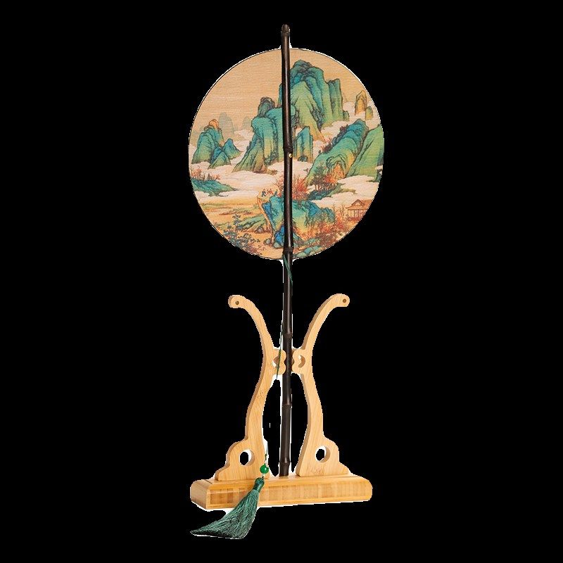 紫竹柄千里江山挂腰扇便携可卷曲折扇中国风舞蹈扇长柄流苏团扇子