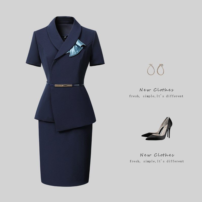 设计感青果领职业西装女裙套装夏酒店前台工作服销售美容接待工装