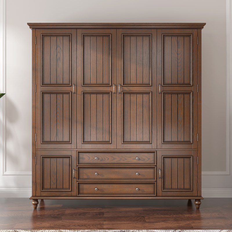 巴彼伦美式乡村实木衣柜简约复古三门四门平开门家用卧室整墙衣橱