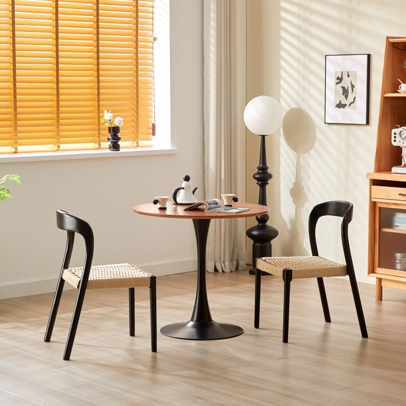 北欧藤编椅子家用休闲绳编侘寂风实木餐椅中古复古原木靠背书桌椅