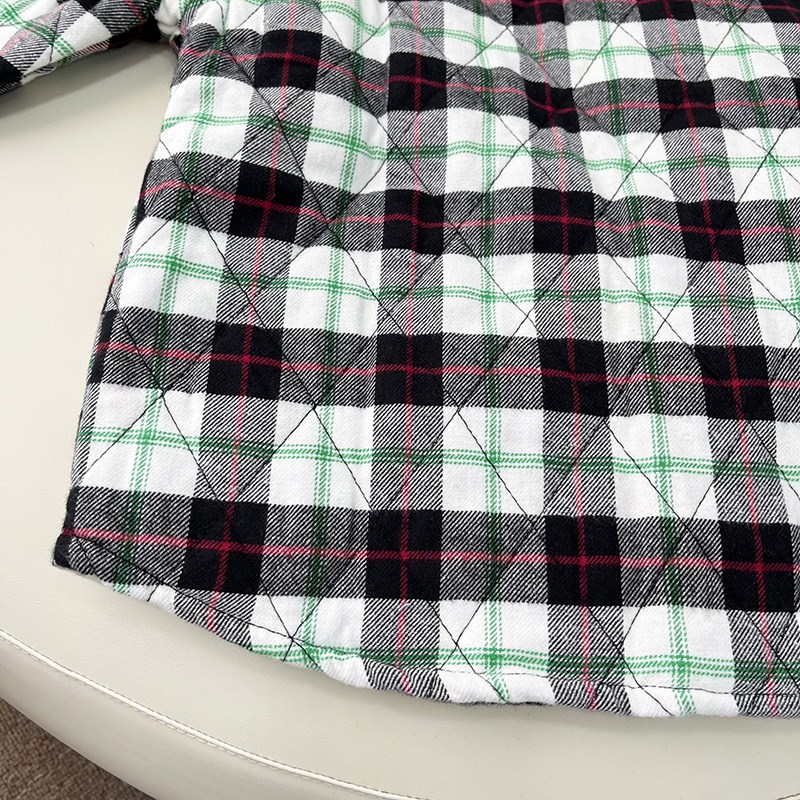 男孩绿格子夹棉衬衫 翻领秋冬季上衣打底保暖衬衫