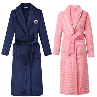 买一送一加长加厚法兰绒睡袍男冬季加绒保暖浴袍睡衣女珊瑚绒浴衣
