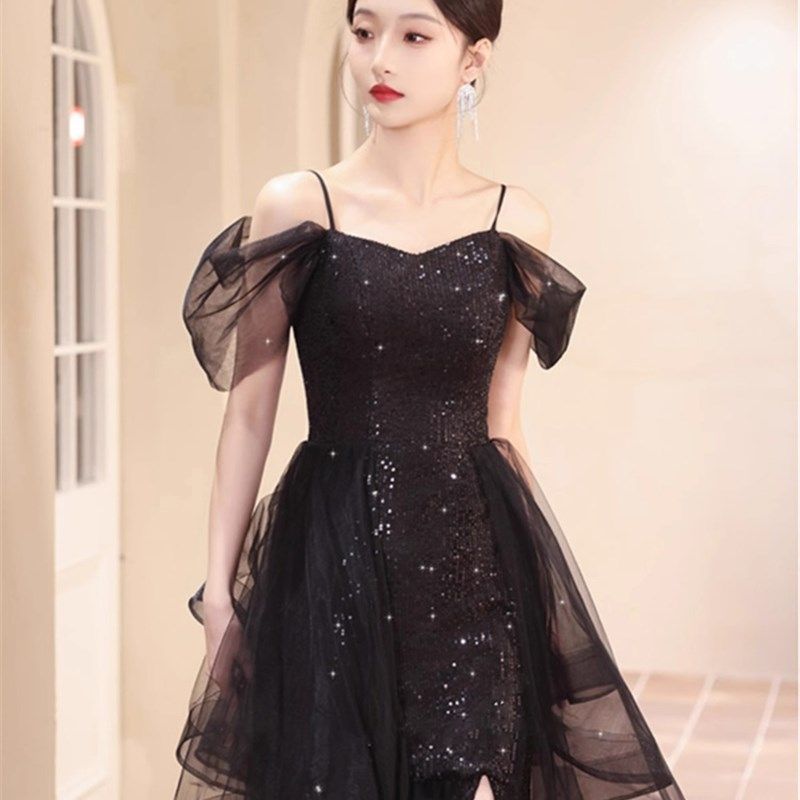 冬季一字领晚礼服女轻奢小众高端宴会气质礼服裙黑色高级感连衣裙