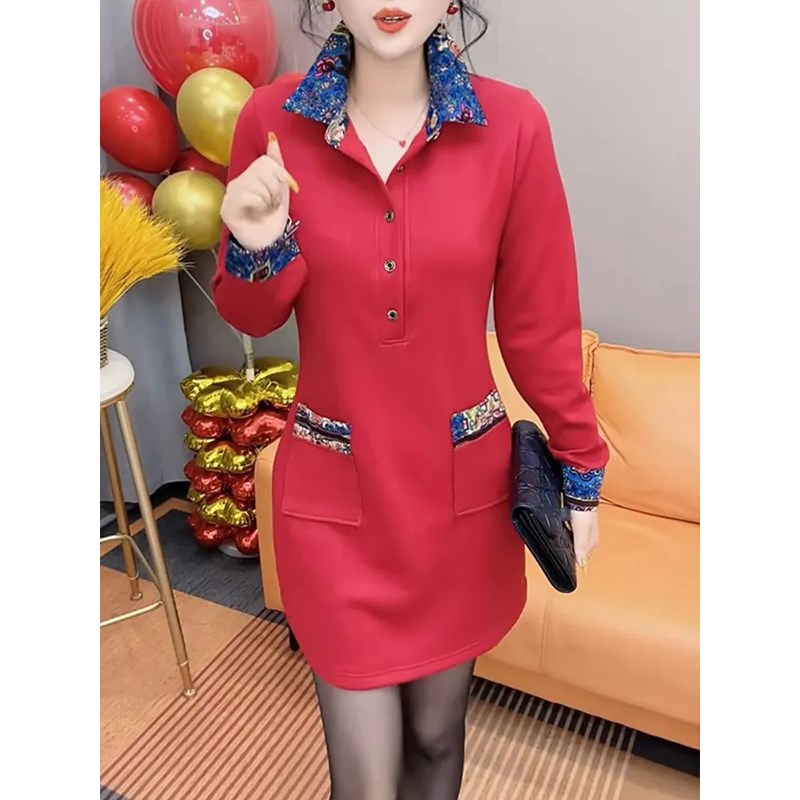 大码假两件衬衫连衣裙女2024春季新款气质收腰显瘦中长款百搭裙子