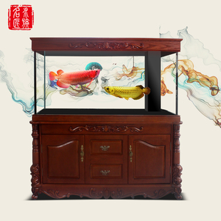 定制实木鱼缸大型免换水生态水族箱中式 屏风龙鱼鱼缸 实木雕花美式