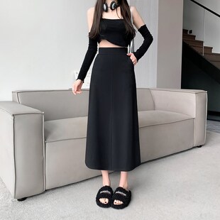 高级感超好看半身裙新款女春夏黑色遮肚子中长款高腰A字长裙包臀