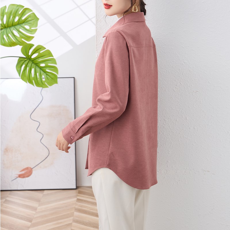 高端厚款灯芯绒磨毛棉玫粉色衬衫外套女秋冬免烫抗皱宽松长袖衬衣