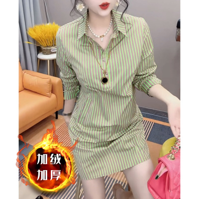 加绒加厚秋冬新款打底连衣裙女时尚条纹小个子百搭显瘦POLO领裙子