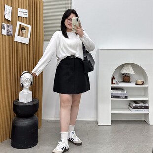 大码高腰西装短裙女秋季胖mm遮肚显瘦梨形身材小个子a字半身裙子